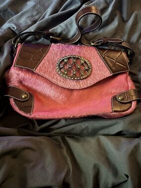 Pink Calf fur Crossbody Bag with Brown Trim